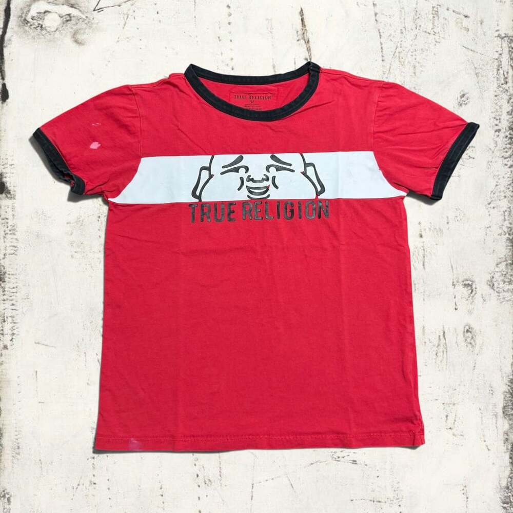 True Religion Graphic T-Shirt Size L Red Black Ringer